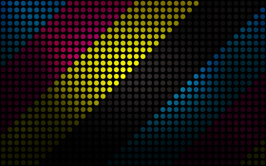 Vibrant polka dot wallpaper with yellow magenta blue diagonal stripes on black background