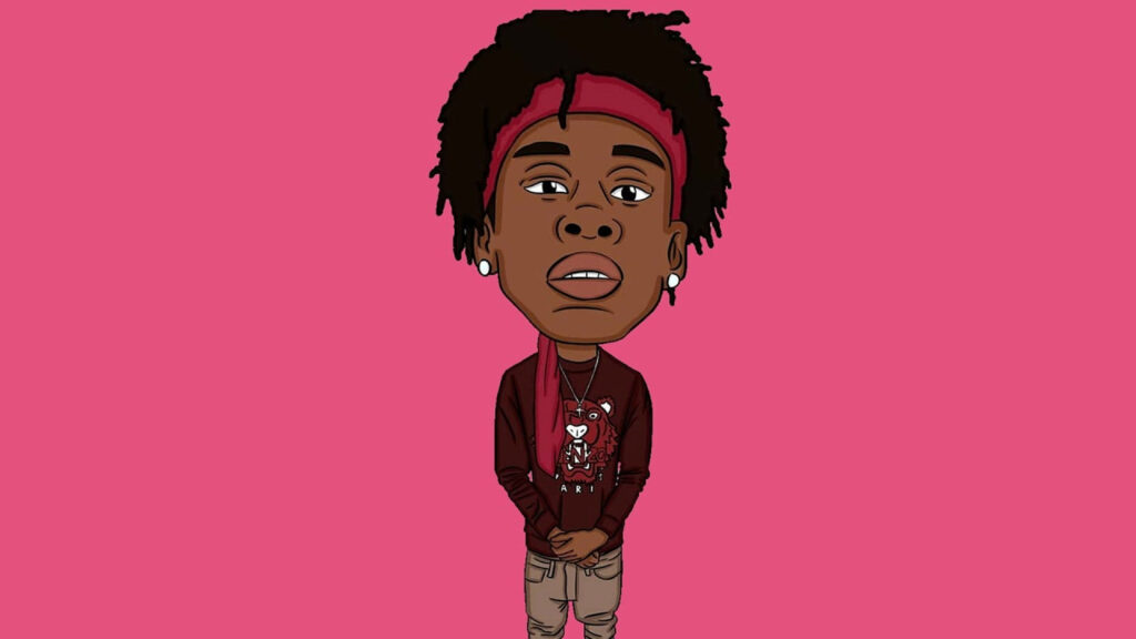 Vibrant digital caricature of rapper Polo G with red headband dreads on pink background wallpaper