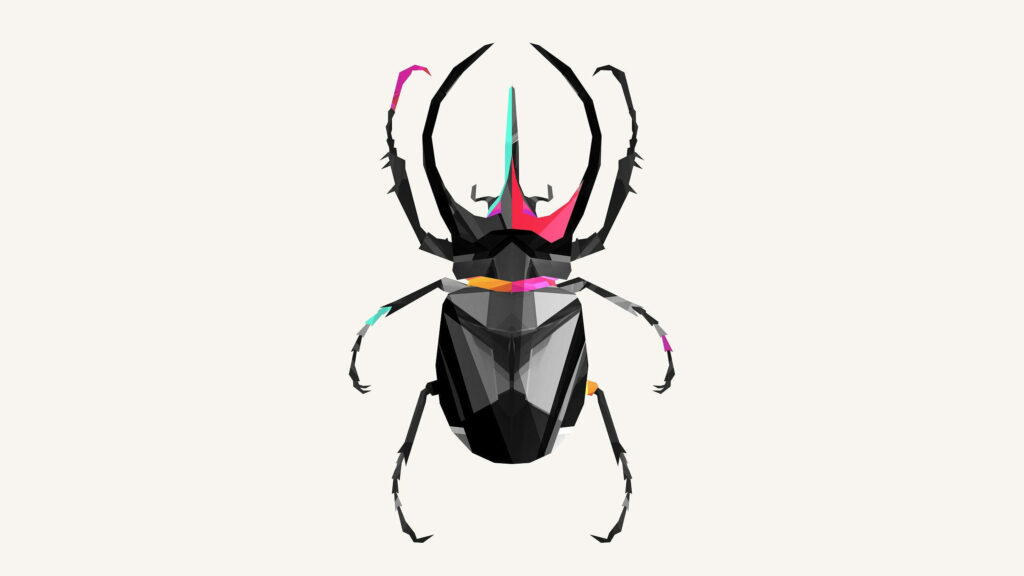 Polygonal Moellenkampi beetle wallpaper with vibrant colors and bold geometric shapes on light background