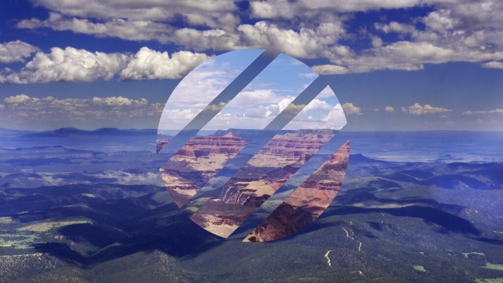 Polyscapes wallpaper with mountainous landscape and circular geometric overlay under dramatic clouds