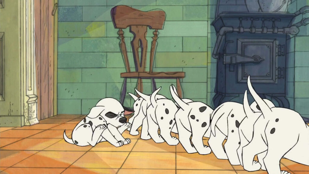 Disney's Heartwarming Family Portrait: Pongo, Perdita, and 101 Dalmatian Puppies in a Timeless Setting Wallpaper