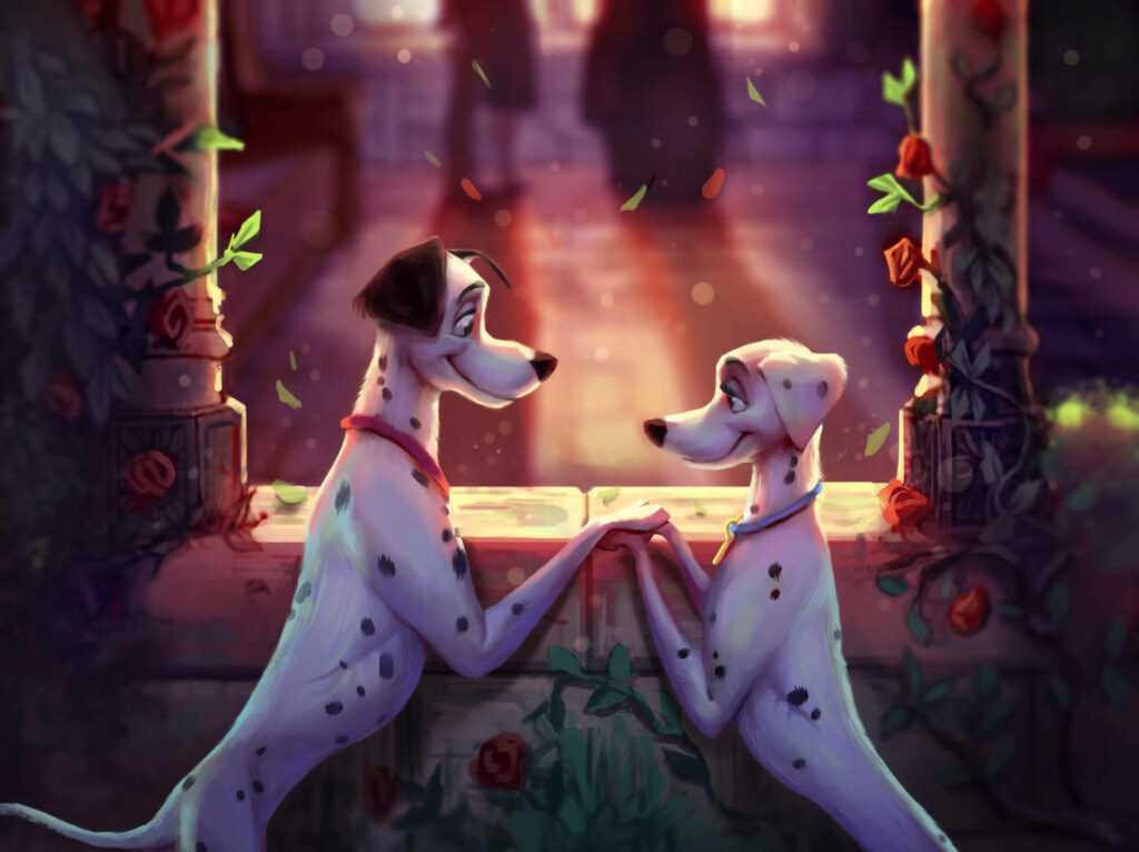 A Romantic Encounter: Pongo and Perdita Share a Tender Moment amidst Rose-Covered Castle Pillars Wallpaper