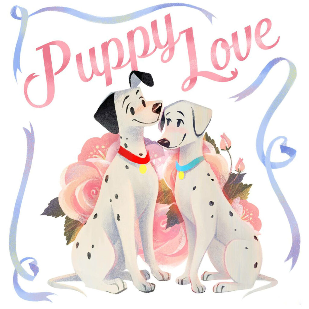 Puppy Love Blossoms: Pongo and Perdita Embrace Amid Floral Delights Wallpaper