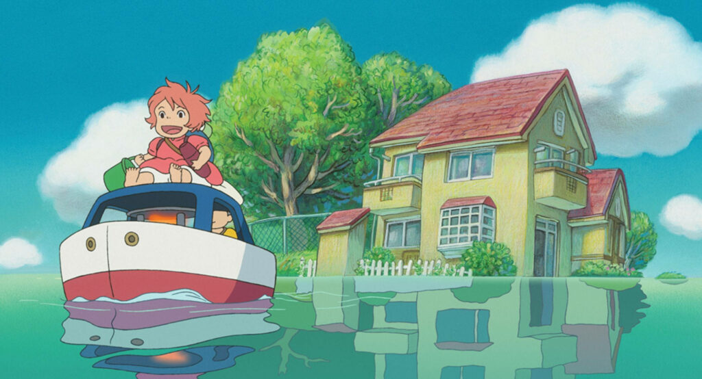 Ponyo joyfully riding boat with friend near floating house on calm clear water wallpaper background