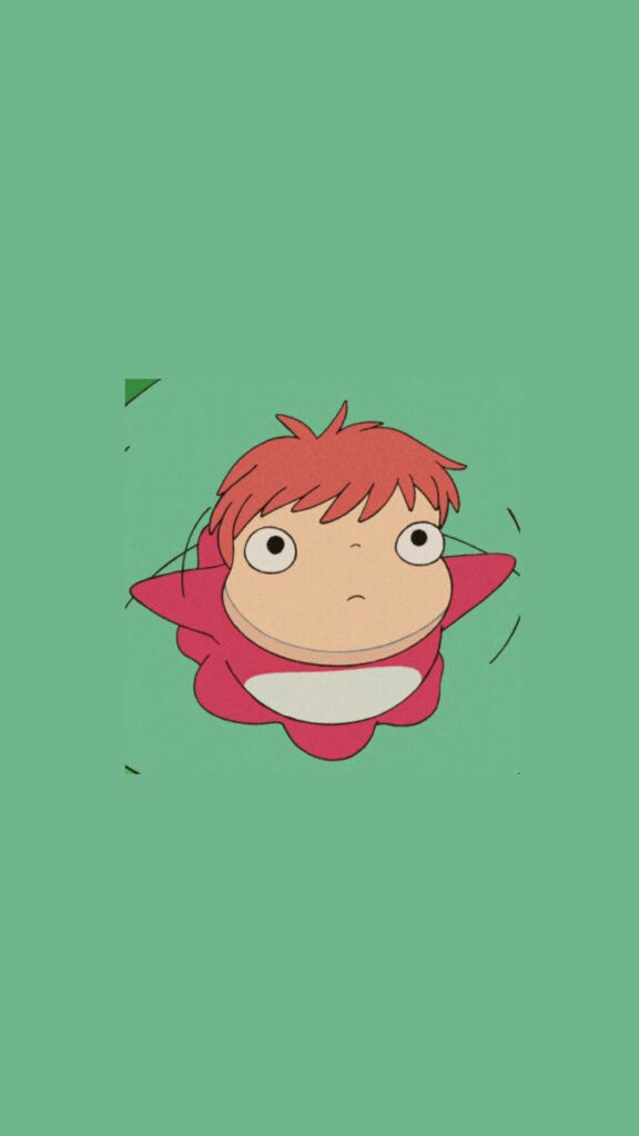 Ponyo with vibrant red hair floating on green background adorable expression wallpaper
