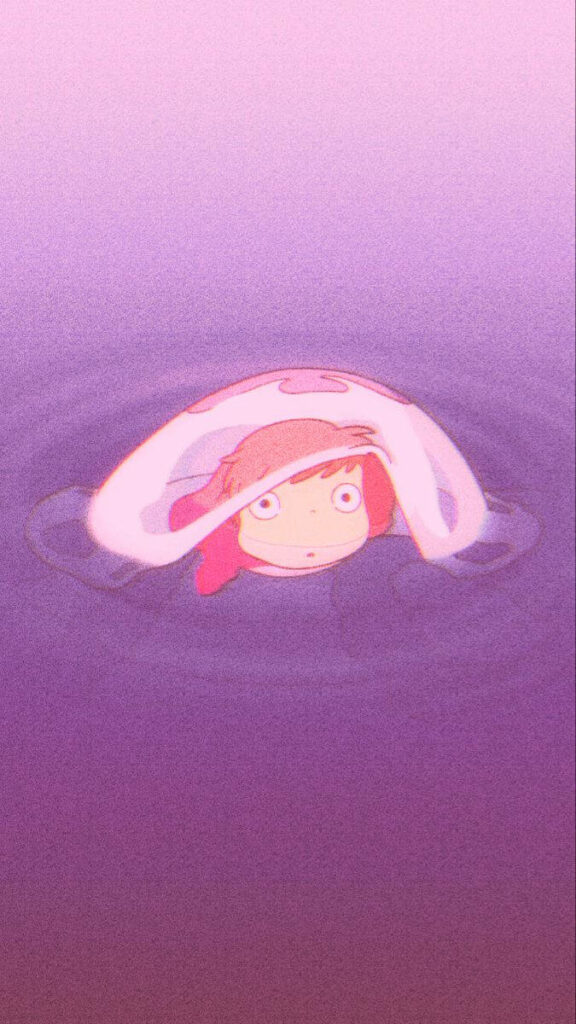 Ponyo peeking from water surface soft purple background dreamy calming wallpaper design