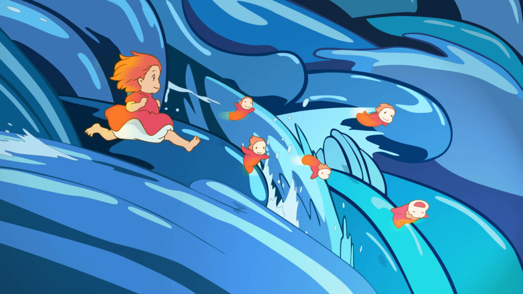 Ponyo and sisters running joyfully across vibrant blue ocean waves animated wallpaper background