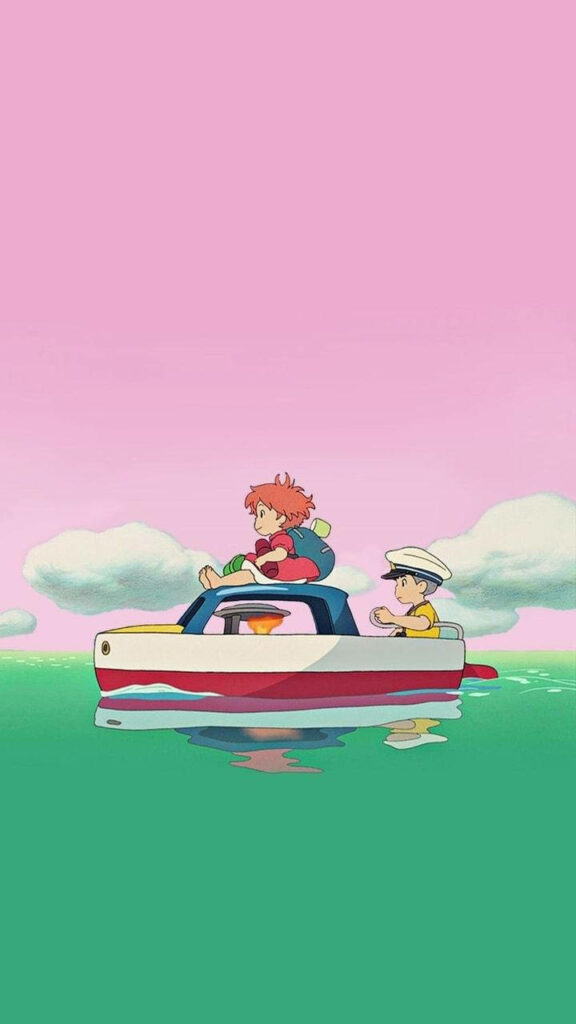 Ponyo and Sosuke boat ride on calm green waters under pastel pink sky whimsical wallpaper background