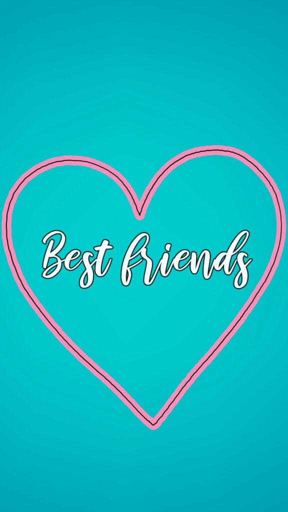 Best friends digital illustration with pink heart and white cursive text on teal background wallpaper