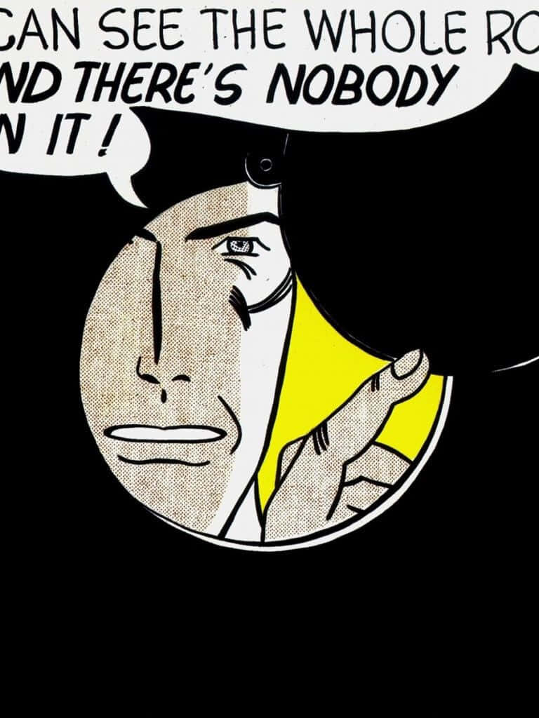 Pop art phone wallpaper comic close-up face peek through peephole with bold retro text design
