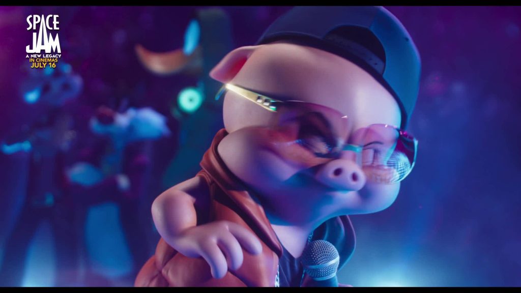 Porky Pig rapping in purple blue lighting wearing cap sunglasses CGI Space Jam wallpaper background