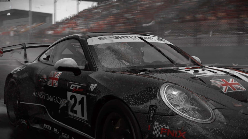 Porsche GT3 racing car speeding on wet track with glistening water droplets in intense race Wallpaper