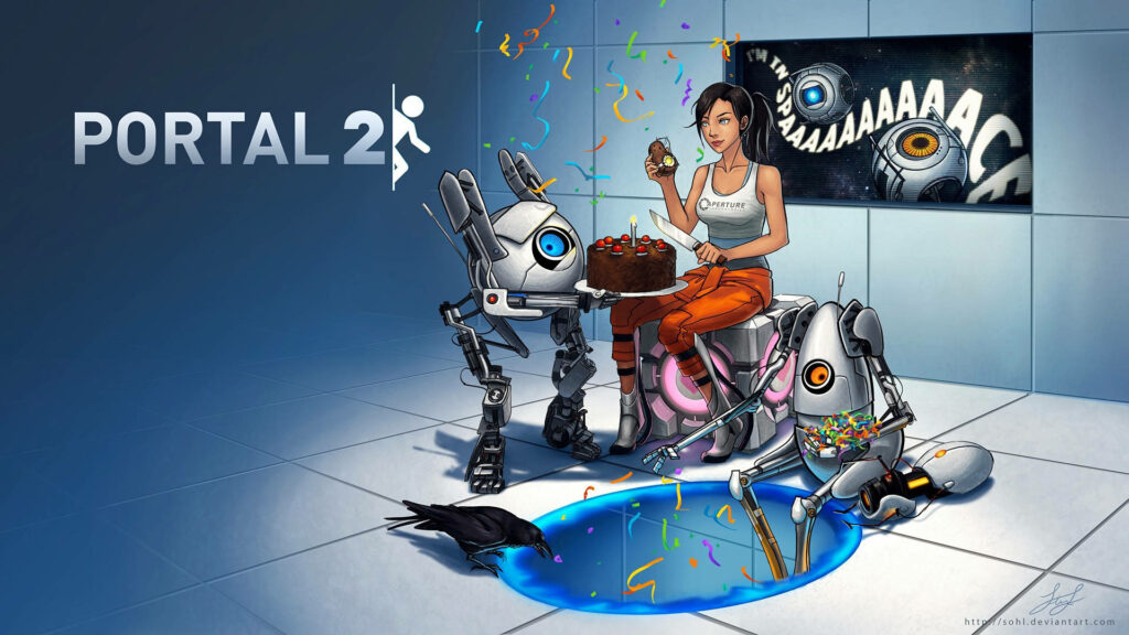 Portal 2 Birthday Wallpaper: Chell, Atlas & P-Body Celebration