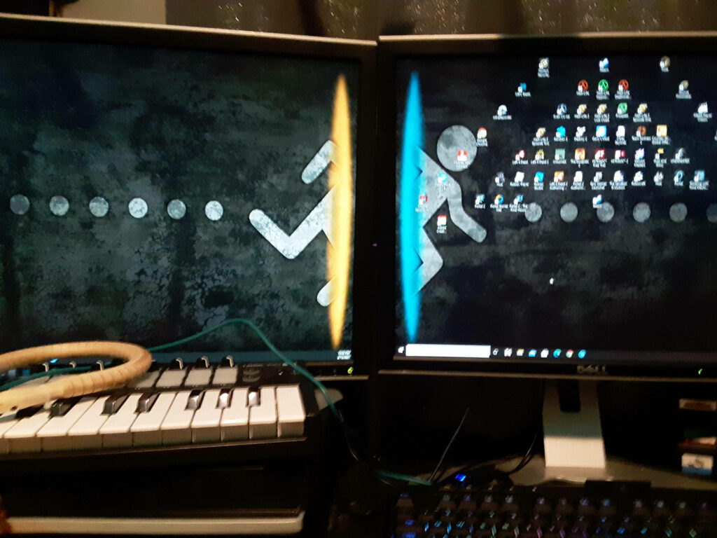 Portal 2 Dual-Monitor Wallpaper: Stick Figures & Portal Mechanics