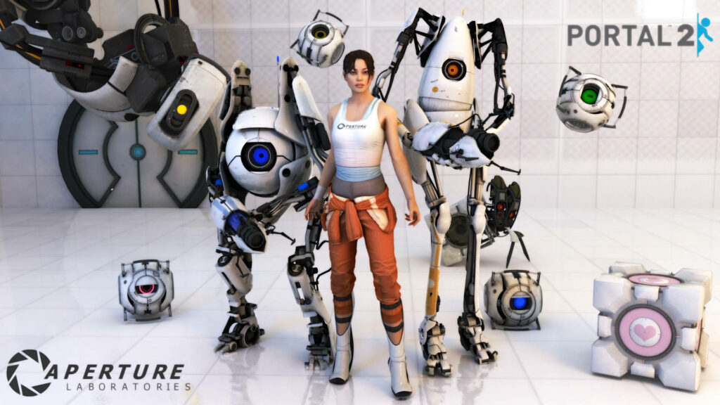 Portal 2 Dual-Screen Wallpaper: Chell, GLaDOS & Companion Cube