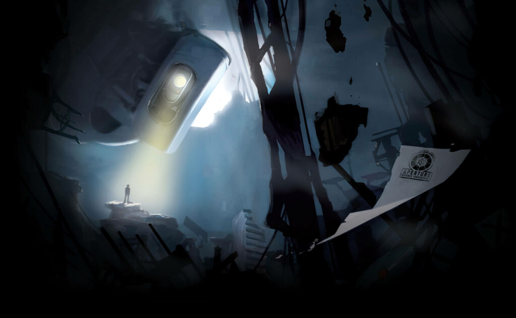 Stunning Portal 2 Dual-Screen Wallpaper with GLaDOS in Sci-Fi Scene
