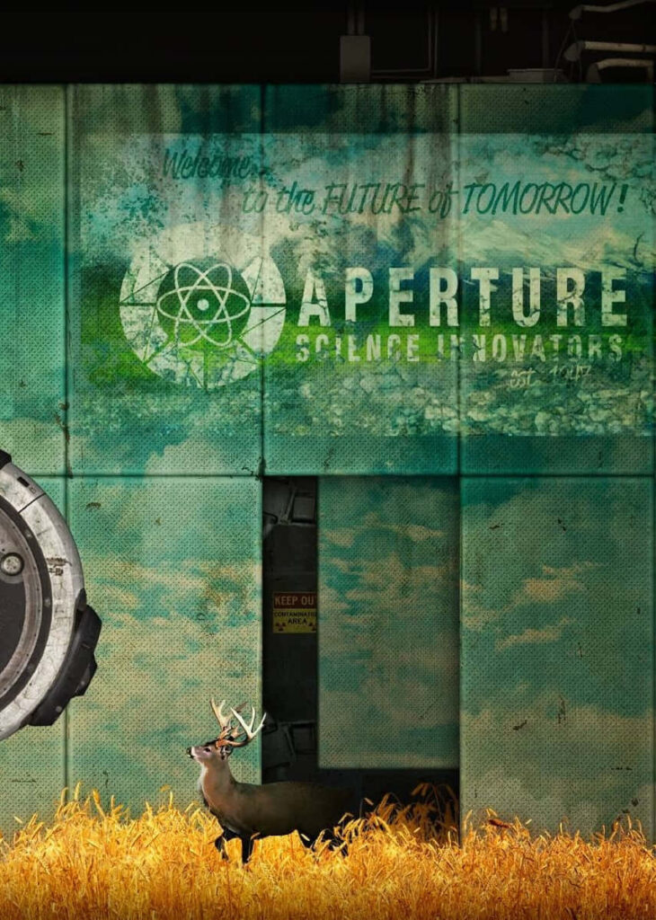 Portal 2 Wallpaper: Aperture Science & Peaceful Deer in Decayed Setting