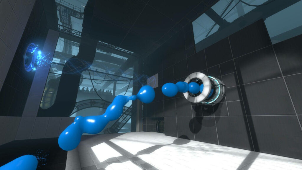 Portal 2 Wallpaper: Dynamic Blue Repulsion Gel Scene for Dual Screens