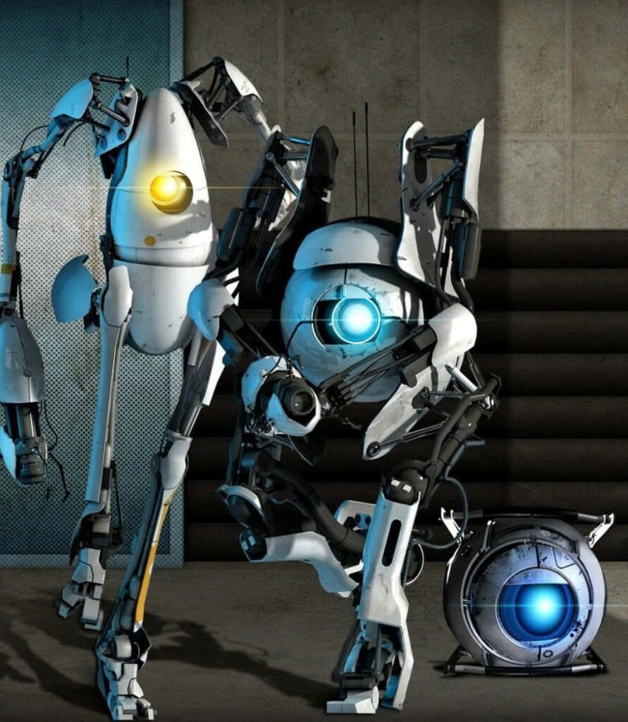 Portal 2 Wallpaper: Atlas, P-Body & Wheatley in Futuristic Design