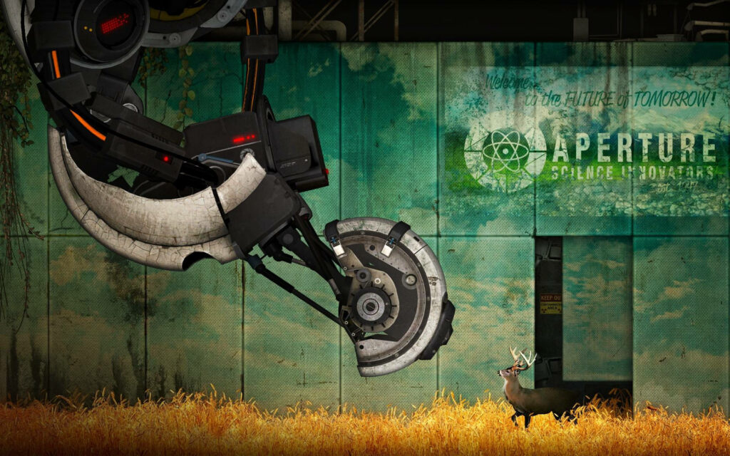 Portal 2 Wallpaper: Robotic Machine in Nature Landscape