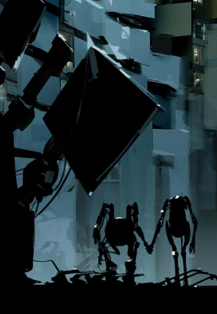 Portal 2 Wallpaper: Robots in Futuristic Abstract Scene