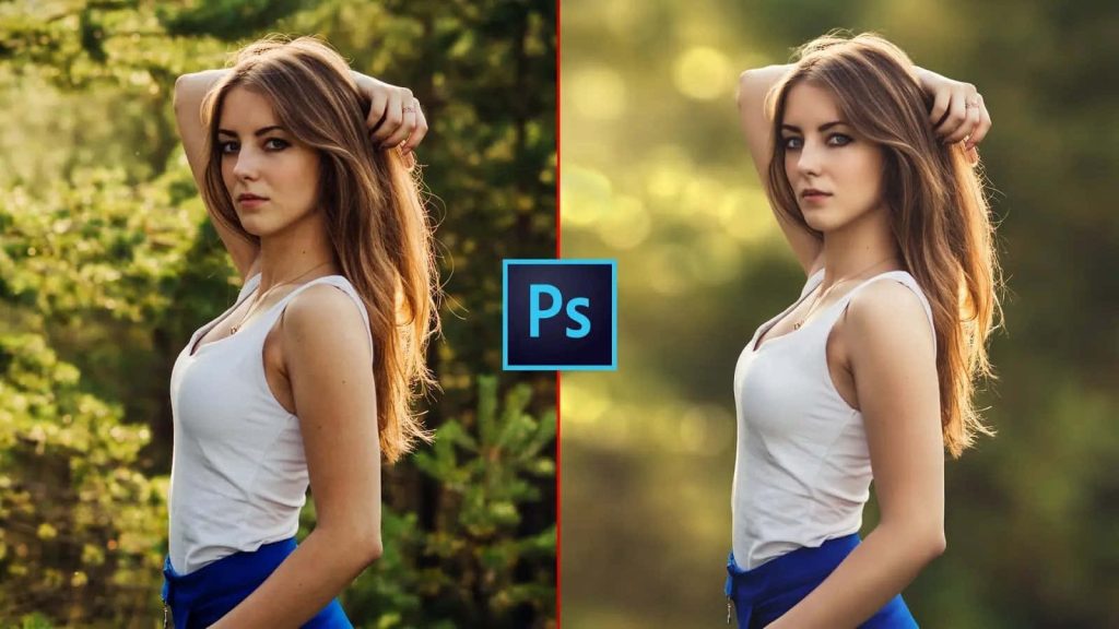 Adobe Photoshop portrait editing tutorial showing natural tree background versus soft bokeh effect Wallpaper