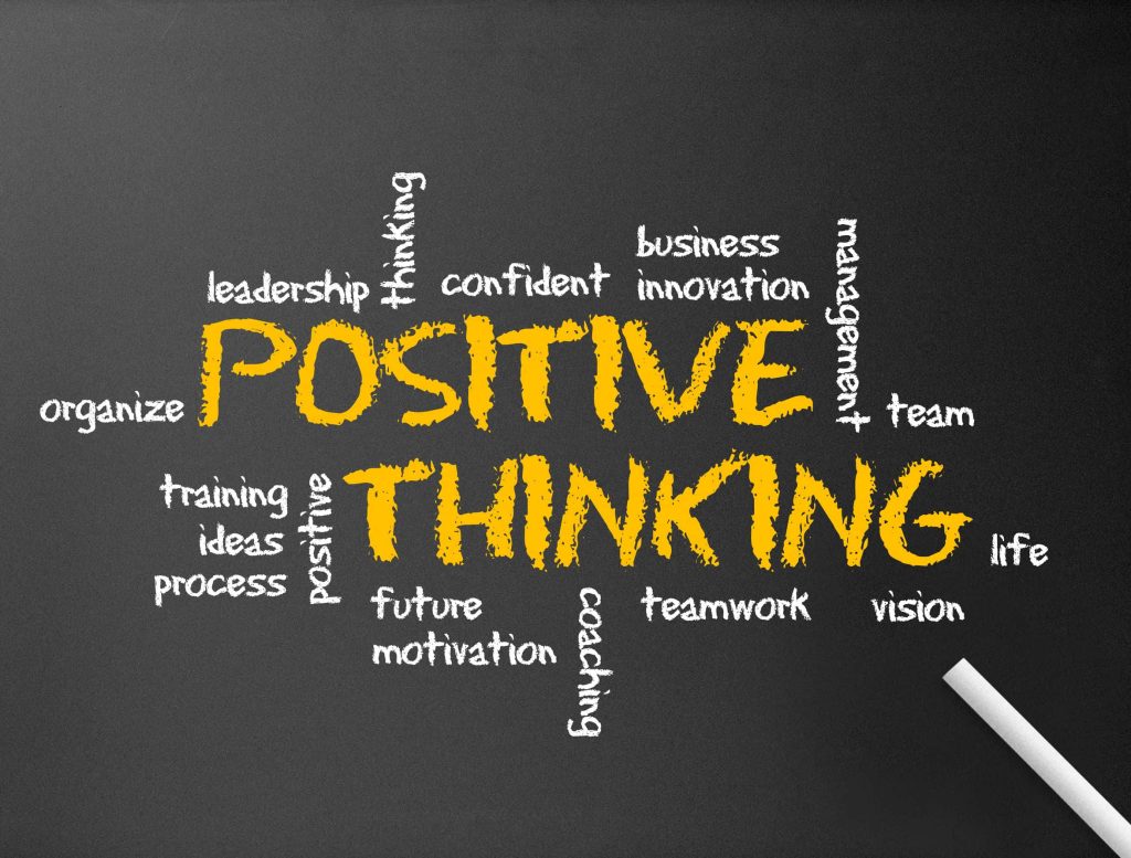 Motivational word cloud wallpaper with bold Positive Thinking text chalk and leadership concepts