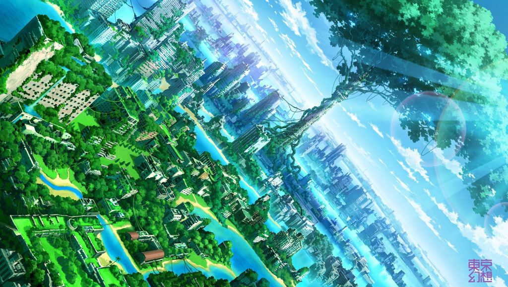 Post-apocalyptic city reclaimed by greenery with giant tree under bright blue sky anime wallpaper