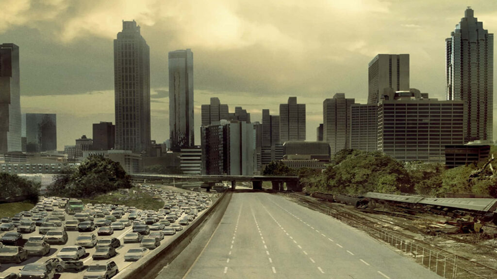 Post-Apocalyptic Atlanta Skyline Wallpaper with Abandoned Cars