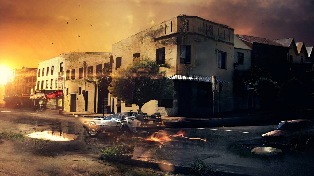 Post-apocalyptic Back to the Future wallpaper with DeLorean on crumbling street at sunset
