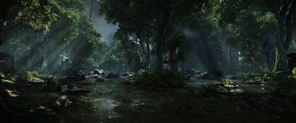 Post-apocalyptic flooded city street with lush nature abandoned vehicles cinematic wallpaper