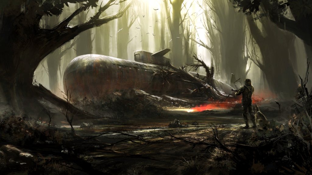Fallout 4 digital art wallpaper with Sole Survivor Dogmeat by rusted submarine in foggy forest