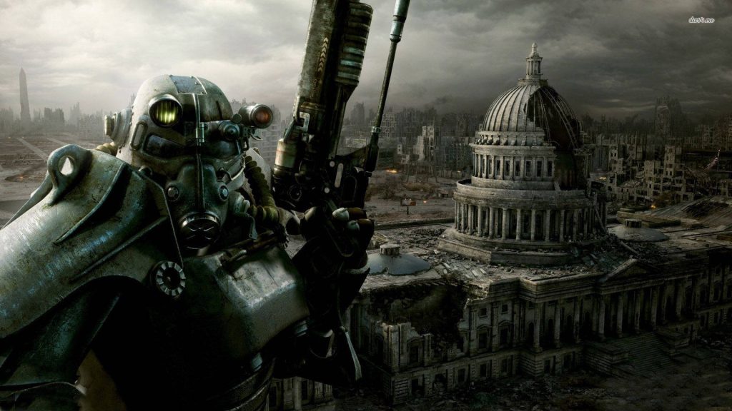 Soldier in T-45 Power Armor with laser rifle stands before ruined US Capitol in Fallout CGI wallpaper