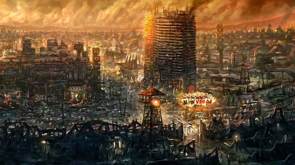 Fallout New Vegas wallpaper glowing Welcome sign Lucky 38 tower ruined Mojave wasteland cityscape