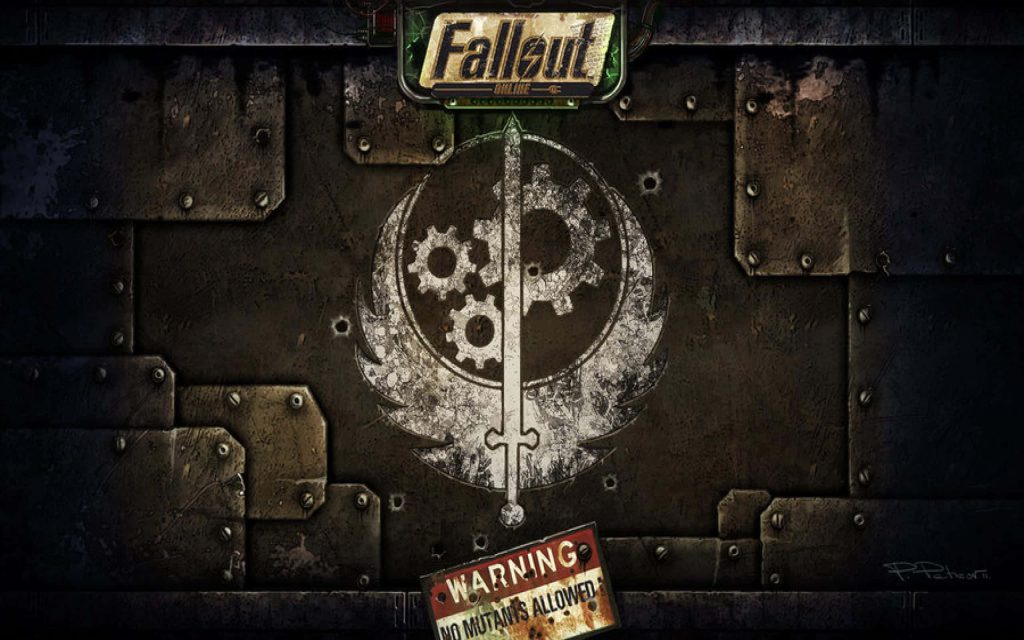 Post-apocalyptic Fallout Online wallpaper with rusty Brotherhood of Steel emblem and warning sign