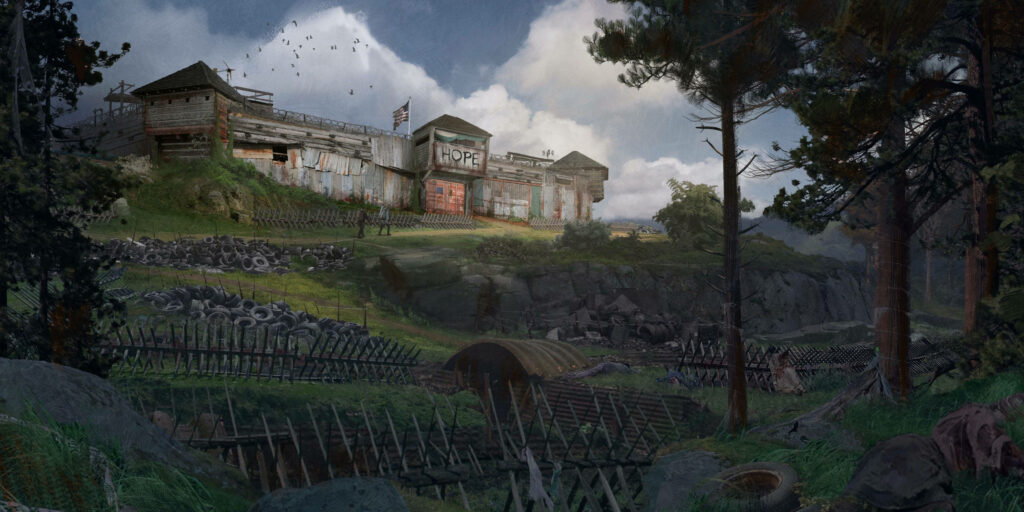 Post-apocalyptic fortified camp with HOPE building tall fences barricades nature cloudy sky wallpaper