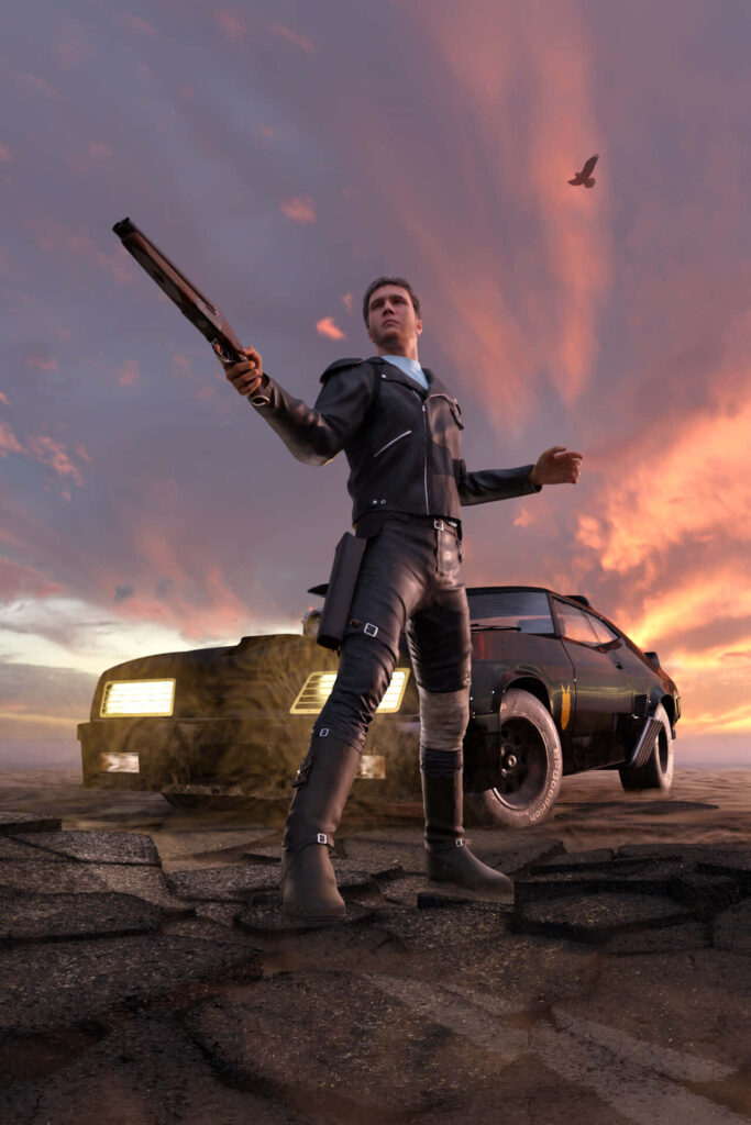 Post-apocalyptic lone figure with shotgun near rugged car at sunset desert intense standoff wallpaper