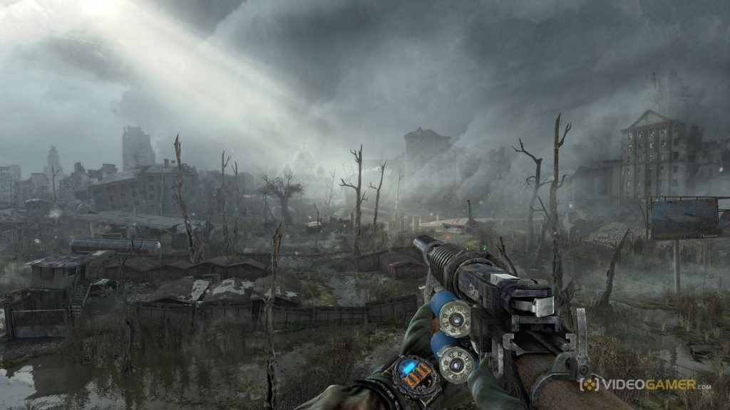 Survivor with pneumatic rifle in foggy post-apocalyptic Metro city ruins wallpaper background