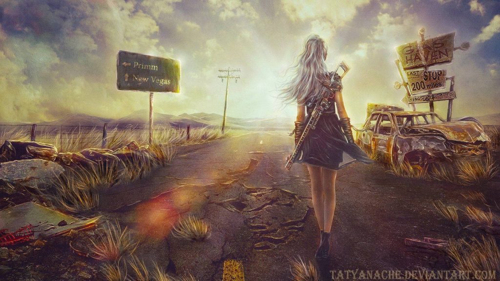 Post-apocalyptic Mojave road with white-haired woman carrying rifle near rusted car and signs Wallpaper