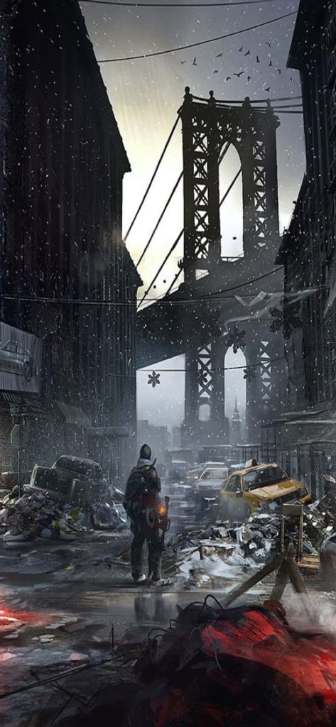 Lone agent in snowy desolate New York City with abandoned taxis near Manhattan Bridge in The Division wallpaper
