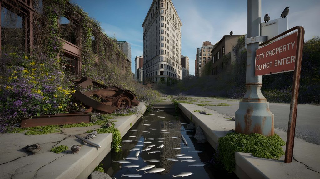 Post-apocalyptic New York street with Flatiron Building overgrown canal fish rusted debris sign Wallpaper