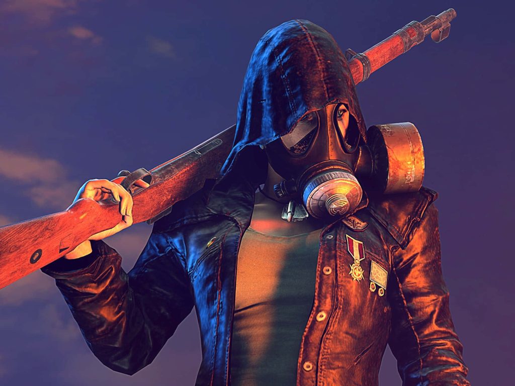 Post-apocalyptic survivor in gas mask with shotgun and hooded jacket in dramatic lighting wallpaper