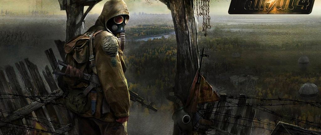 Post-apocalyptic survivor in gas mask on watchtower overlooking overgrown wasteland Fallout 4 wallpaper