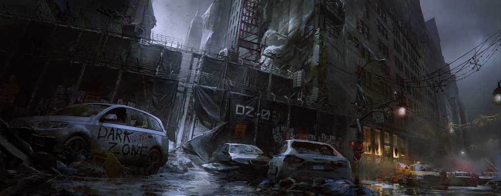 Post-apocalyptic The Division CGI art rain-soaked NYC street debris dark zone fenced area Wallpaper