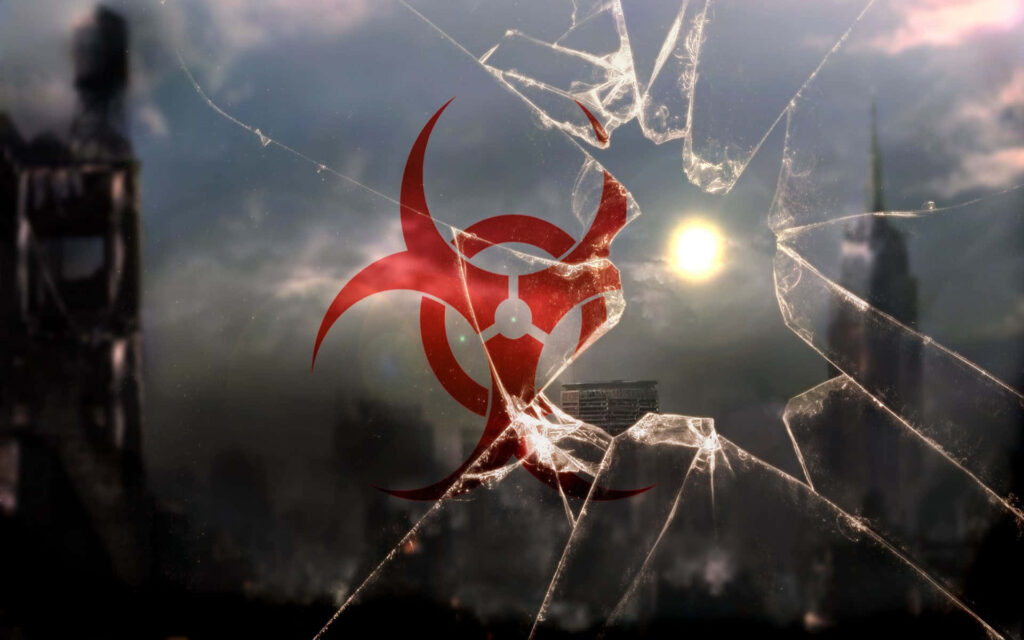 Post-Apocalyptic Wallpaper with Cracked Glass and Biohazard Symbol