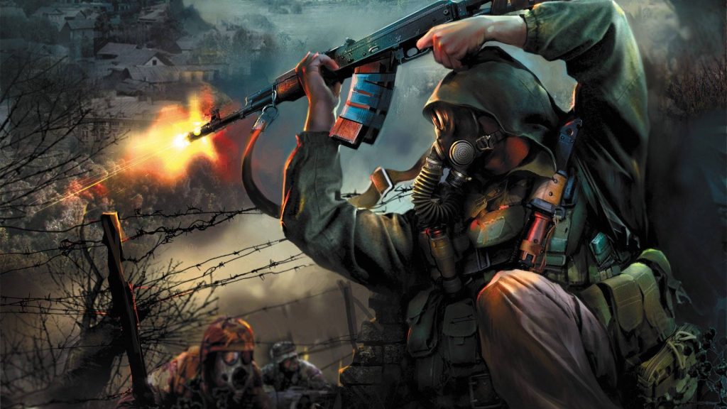Soldier in gas mask firing gun on dark post-apocalyptic battlefield with barbed wire and muzzle flash Wallpaper