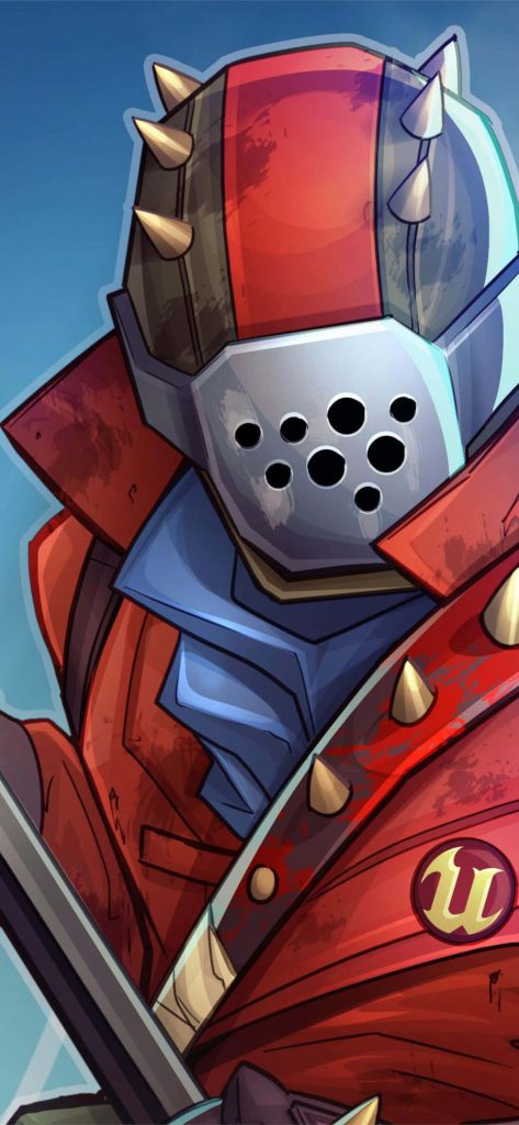 Digital illustration of stylized warrior in spiked metal helmet red jacket with Unreal Engine logo Wallpaper