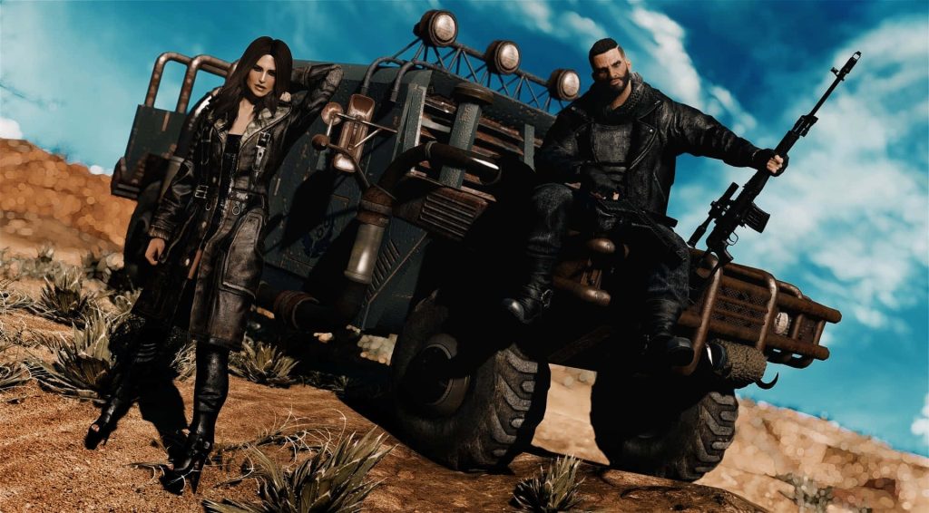 Post-apocalyptic Fallout survivor and female companion in leather dusters beside armored desert vehicle Wallpaper