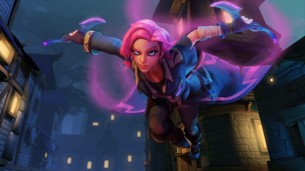 Moonlit Mayhem: Champion Maeve Leaps into Action with Piercing Daggers in Paladins Nighttime Ambiance Wallpaper