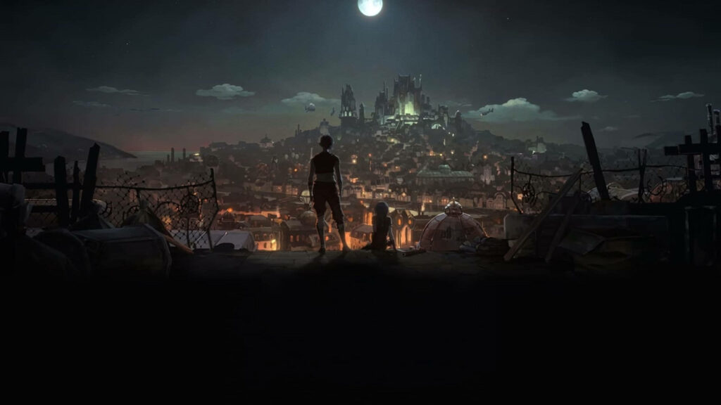 Powder and Vi on Zaun rooftop overlooking glowing city skyline under moonlit sky Arcane wallpaper